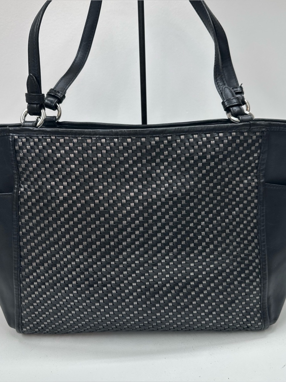 COACH Park Med/Lg Woven Leather Zip Top Tote Shoulder Bag 31285 Black Silver